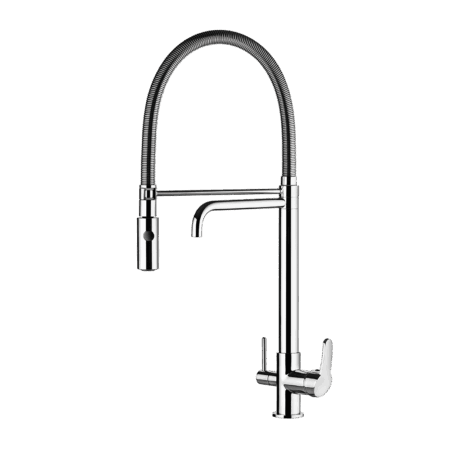 Single control mixer for table kitchen with special shower and outlet for filtered water.