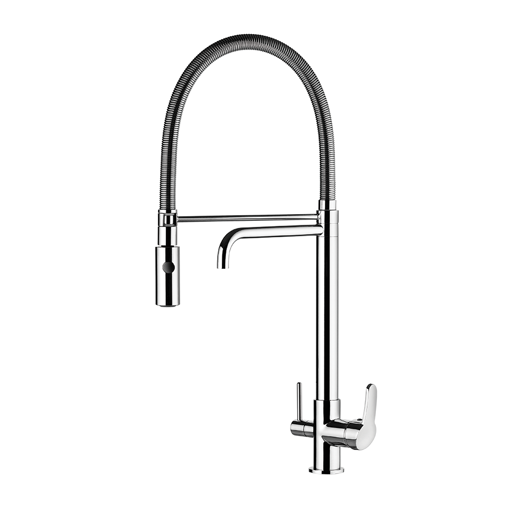 Single control mixer for table kitchen with special shower and outlet for filtered water.